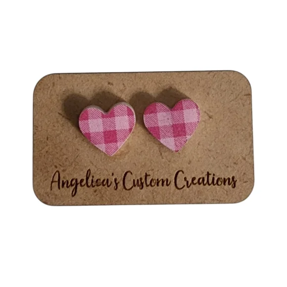 Pink Plaid Heart Wood Stud Earrings - Picture 1 of 1